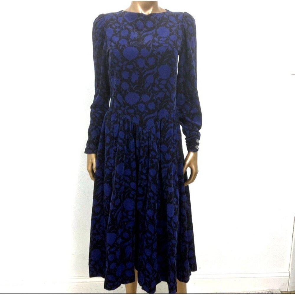 Vtg Laura Ashley 8 Dark Floral Blue Corduroy Dress Puff Sleeve Prairieโ Cottage